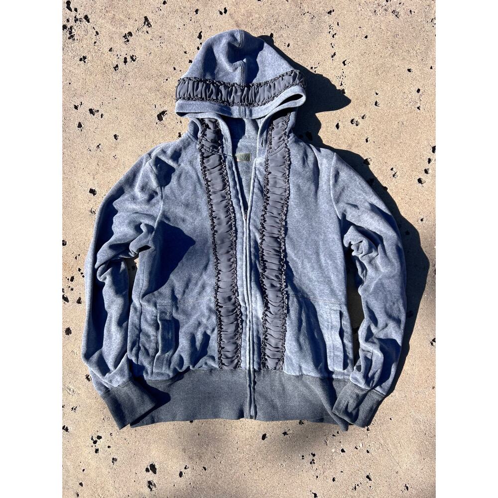 NM Gray Ruffle Zip Up Hoodie Y2K Velour Coquette Vintage Women’s L